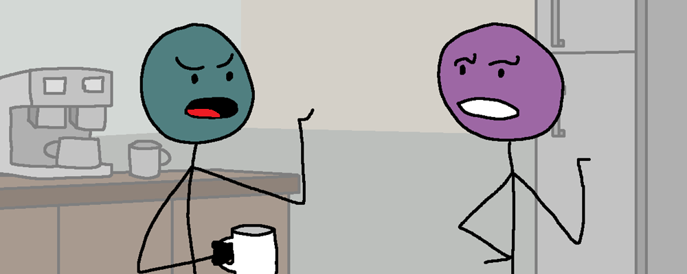 Two characters arguing in a break room