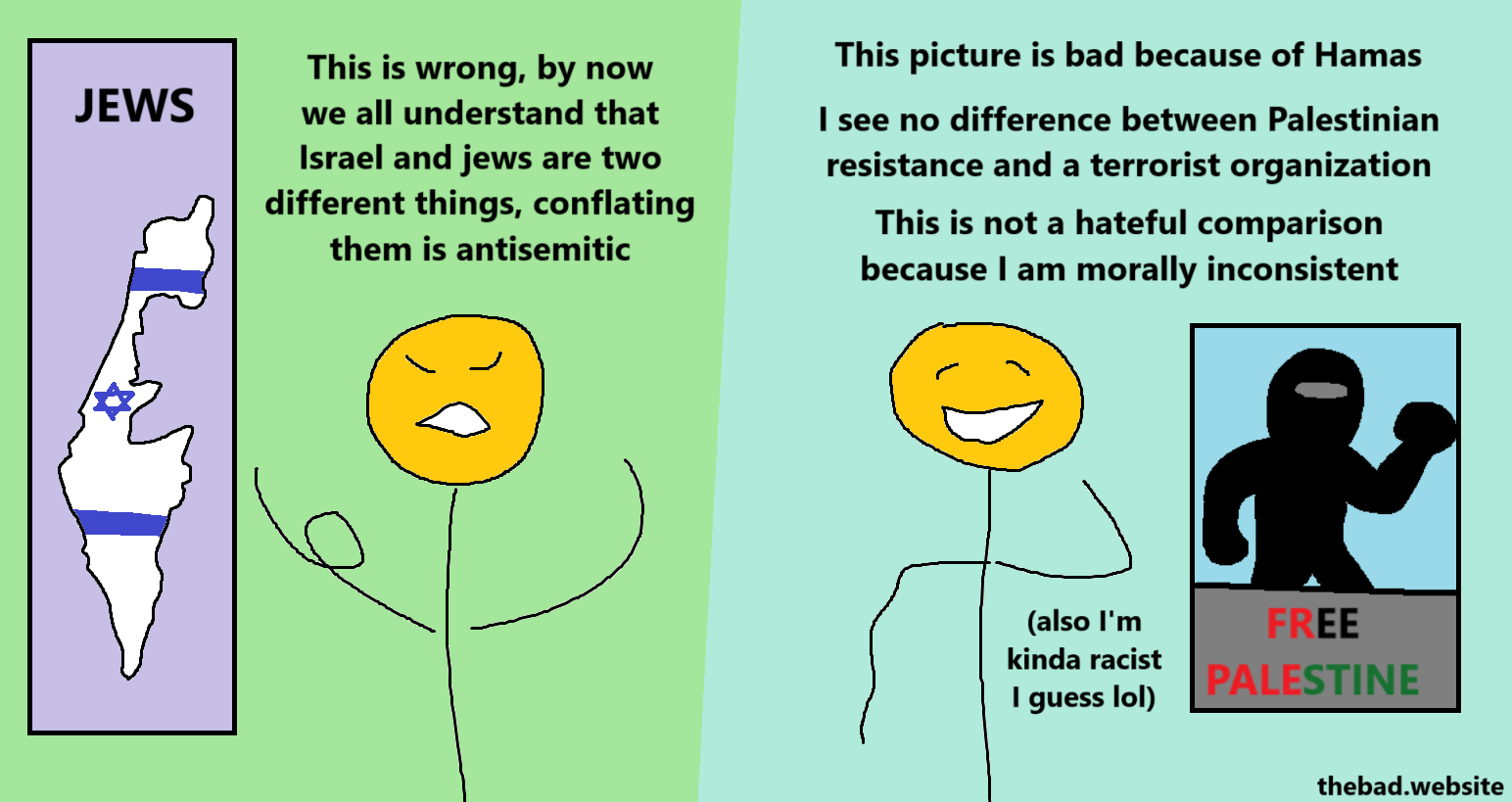 [yellow is angry at a picture of Israel labeled "JEWS"]
This is wrong, by now we all understand that Israel and jews are two different things, conflating them is antisemitic

[yellow is now smiling at a picture of a man holding a rock above the text FREE PALESTINE]
This picture is bad because of Hamas
I see no difference between Palestinian resistance and a terrorist organization
This is not a hateful comparison because I am morally inconsistent
(also I'm kinda racist I guess lol)