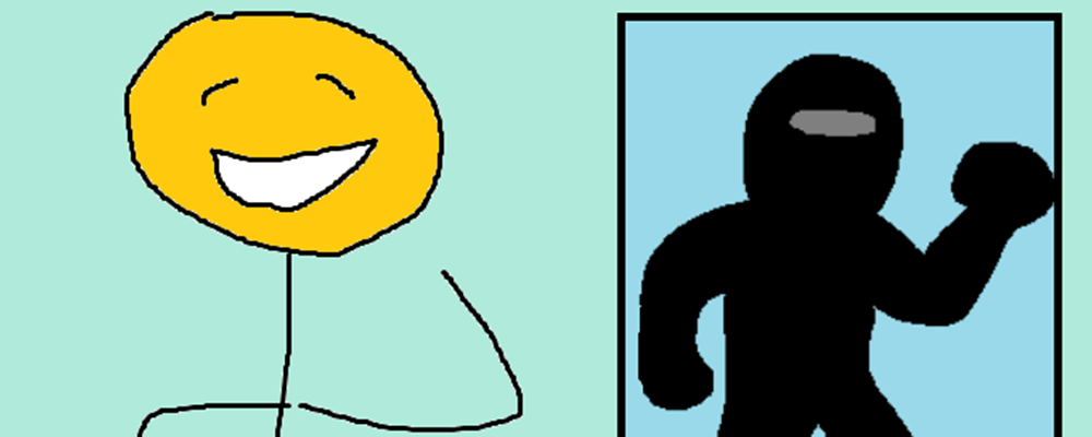 A stick dude smiles at a silhoutette of someone holding a rock