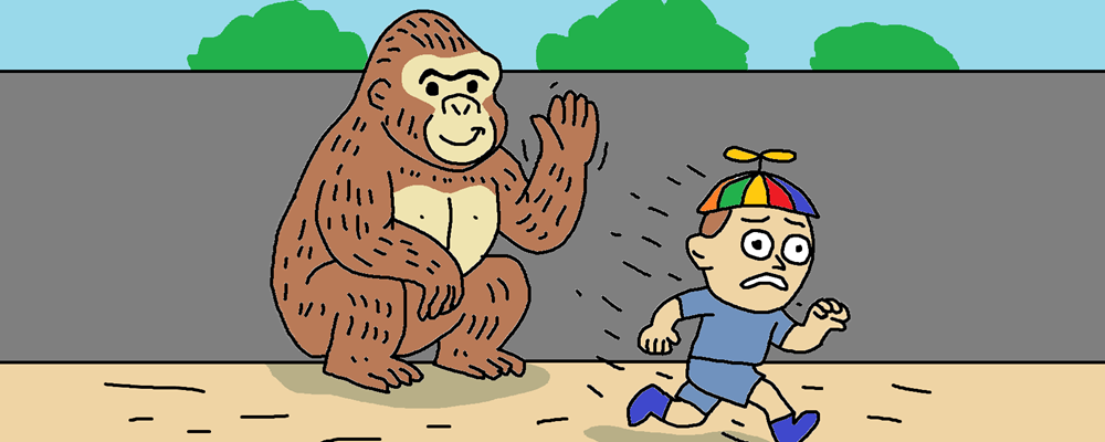 A kid flees from a waving gorilla