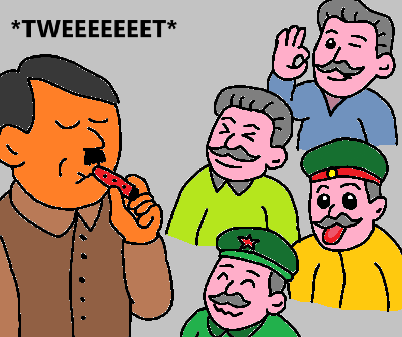 Hitler is blowing into a whistle, which causes several Stalins to react happily