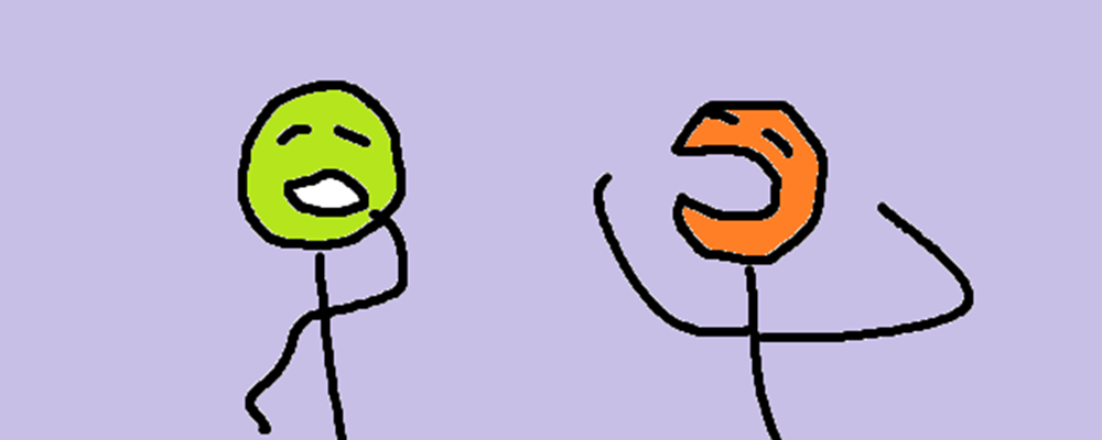 An orange character shouts at a green character