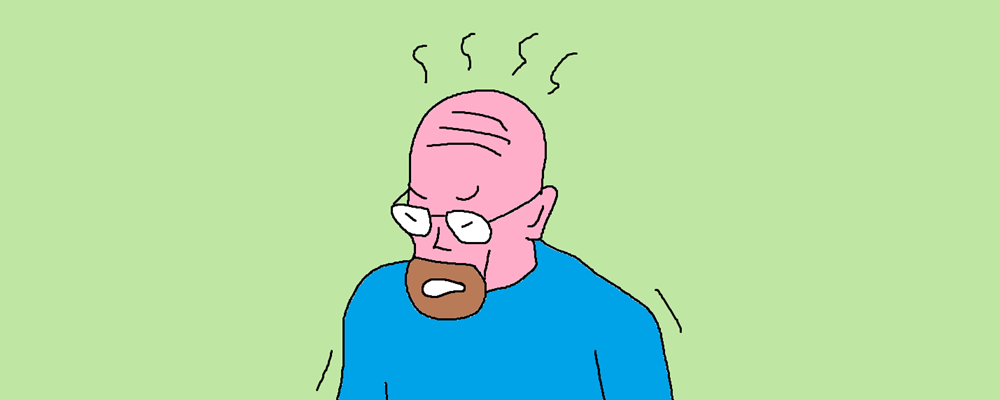 An angry bald man shakes