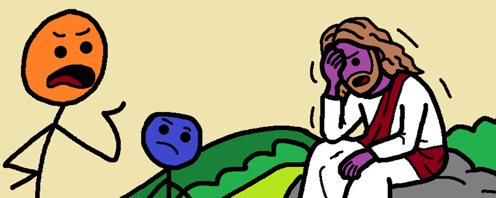 An angry character shouts at a facepalming Jesus