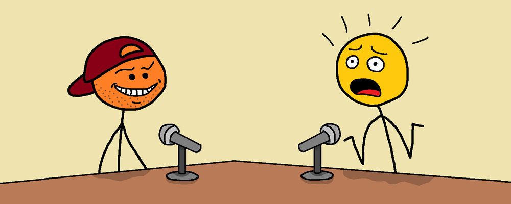 A dumb looking smug character talks into a mic, shocking another character