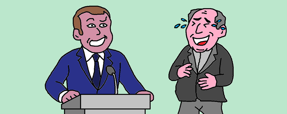 Macron speaks at a podium while Bayrou laughs