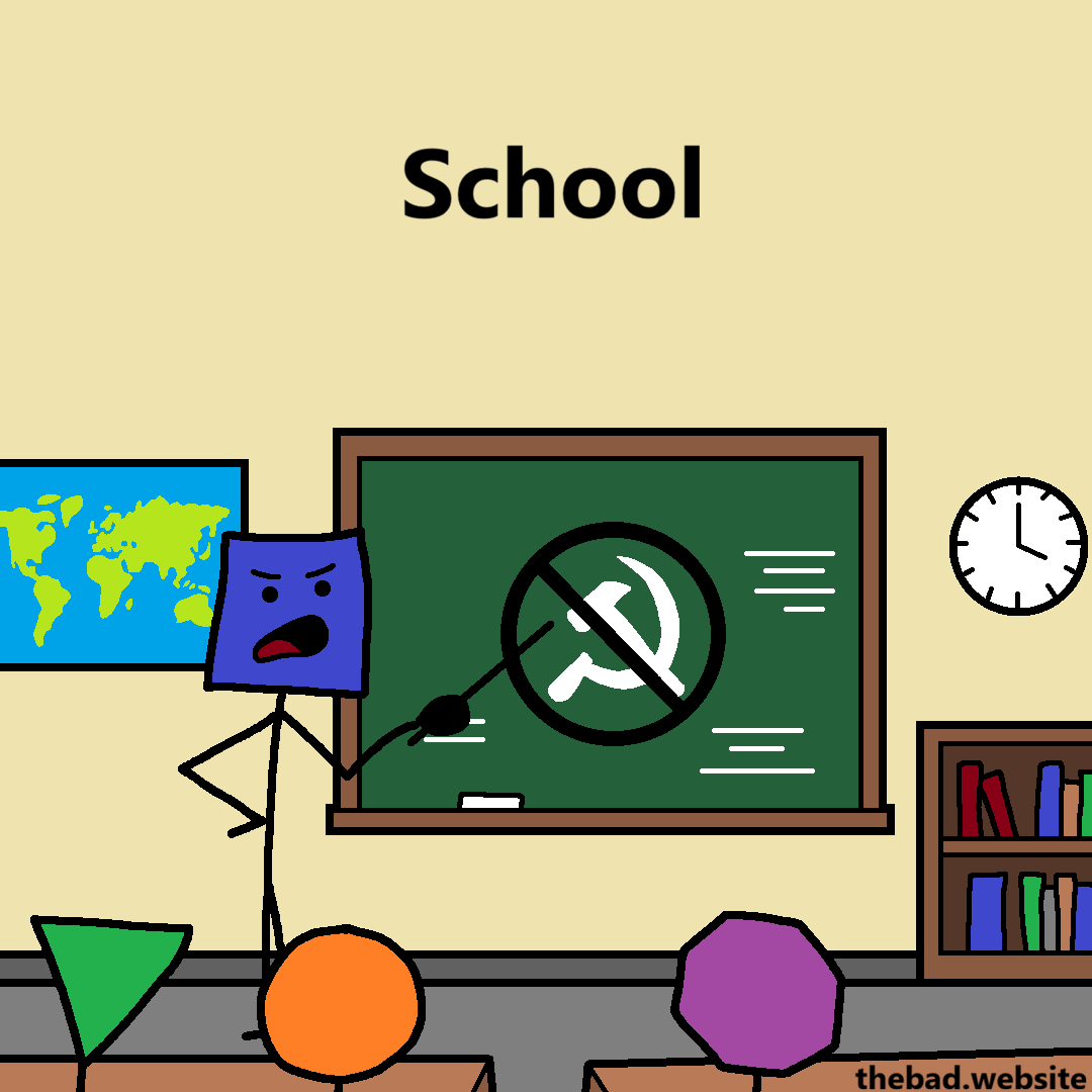 [a schoolteacher is shown teaching their class that communism is bad]