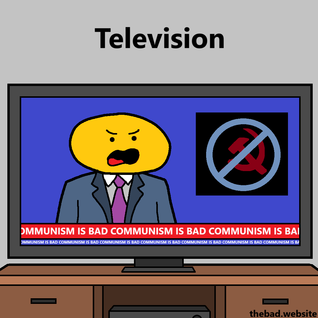 [a television host is shown telling their viewers that communism is bad]