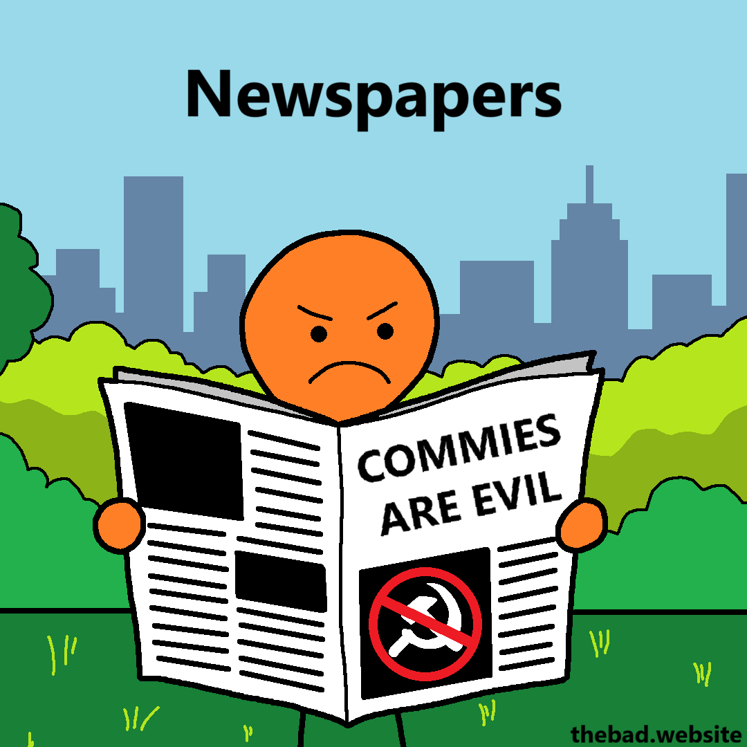 [an orange character is shown angrily reading a newspaper stating that "commies are evil"]