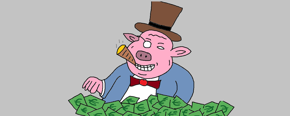 A capitalist pig is chilling around piles of money