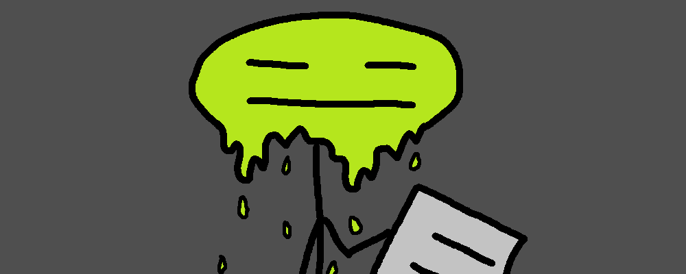 A character holds a paper while their face melts