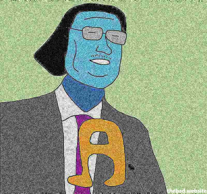 A heavily deep fried picture of a man in a suit wearing glasses speaking into a microphone, with the Lord Farquaard haircut, above the letter "A" suspiciously shaped like an amogus