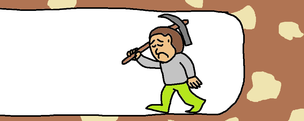 A sad miner walks away from a tunnel