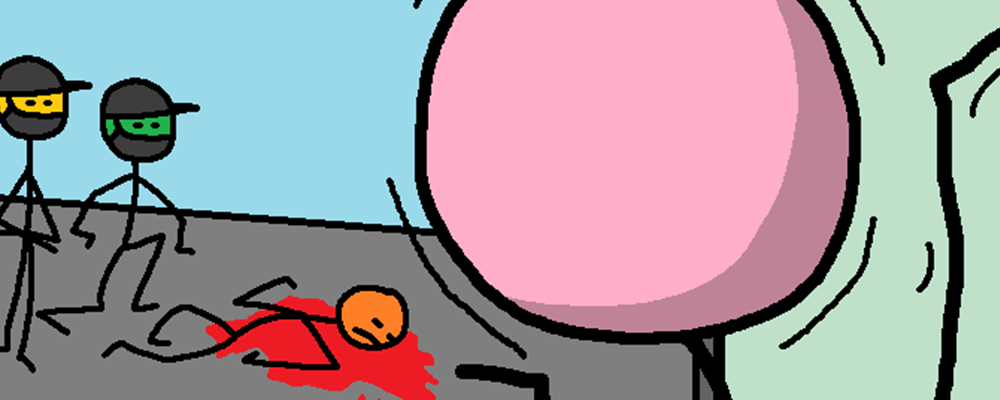 A strange composition with masked men, a corpse, and a shocked reaction