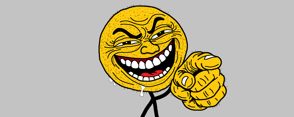 A rabid looking character points at us