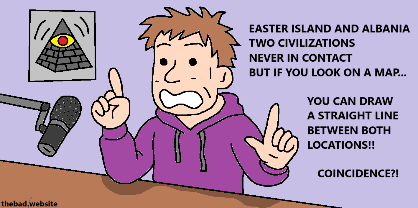 [the conspiracy YouTuber, looking shaken and paranoid, is now talking into his mic]
EASTER ISLAND AND ALBANIA
TWO CIVILIZATIONS
NEVER IN CONTACT
BUT IF YOU LOOK ON A MAP...
YOU CAN DRAW A STRAIGHT LINE BETWEEN BOTH LOCATIONS !!
COINCIDENCE?!