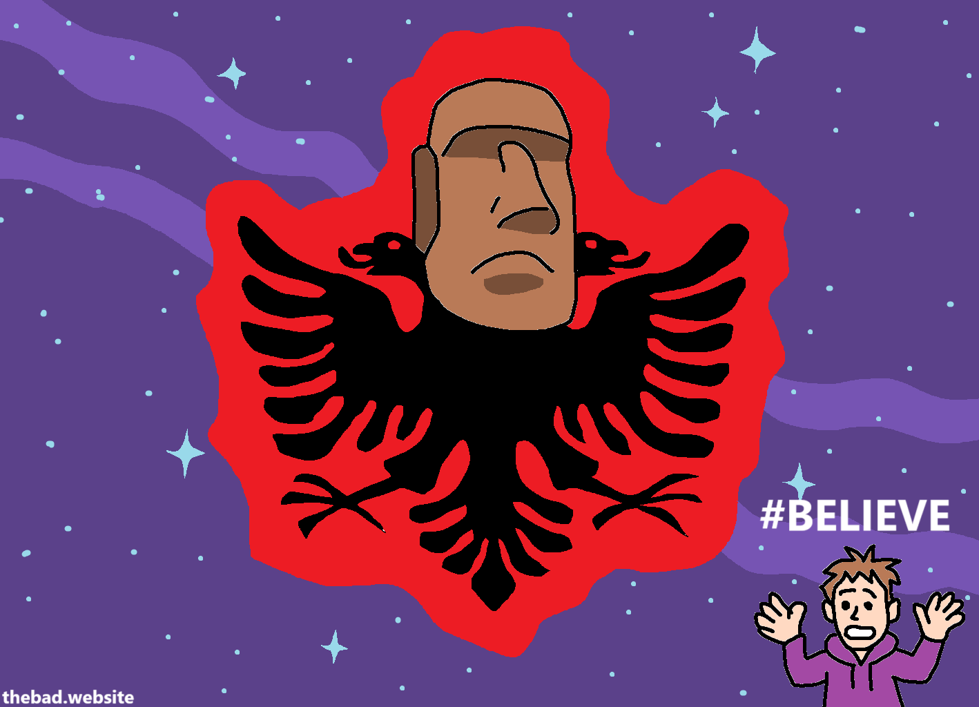 [the YouTuber is embedded on a massive depiction of a Moai as the head of the Albanian flag symbol, floating in space, under the hashtag #BELIEVE]