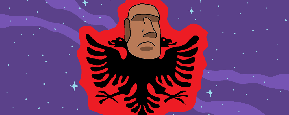 A Moai head on the Albanian flag drifts in space