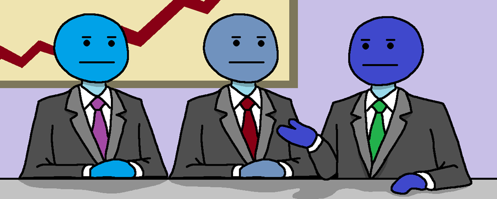 Three identical technocrats in suits are looking quite neutral