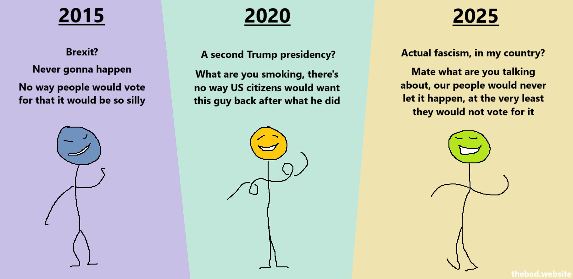 [2015]
Brexit?
Never gonna happen
No way people would vote for that it would be so silly

[2020]
A second Trump presidency?
What are you smoking, there's no way US citizens would want this guy back after what he did

[2025]
Actual fascism, in my country?
Mate what are you talking about, our people would never let it happen, at the very least they would not vote for it