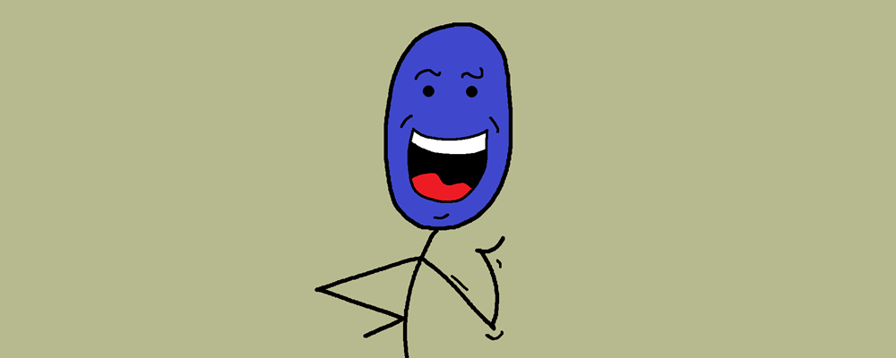 A blue character seems proud