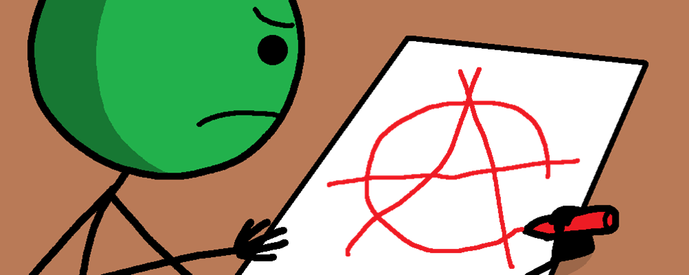 A character is pissed at a wobbly anarchist logo