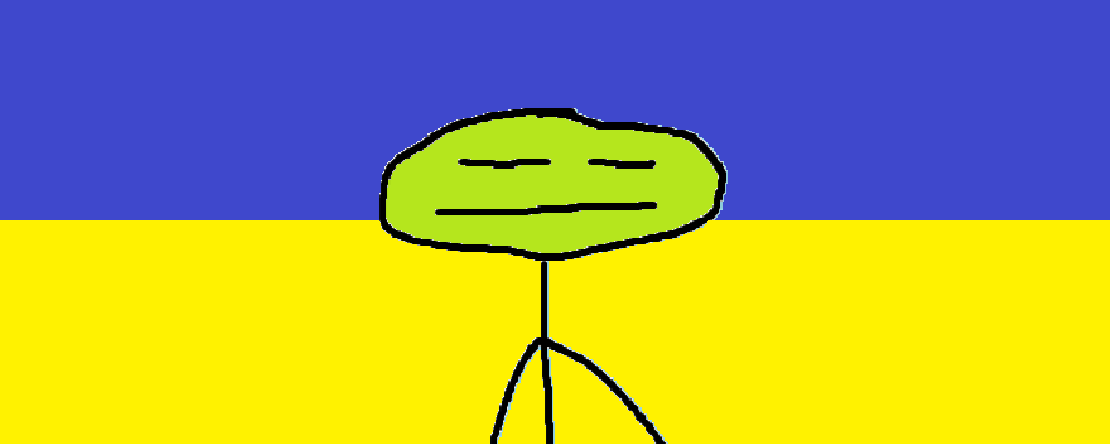 A character looking blasé in front of the Ukranian flag
