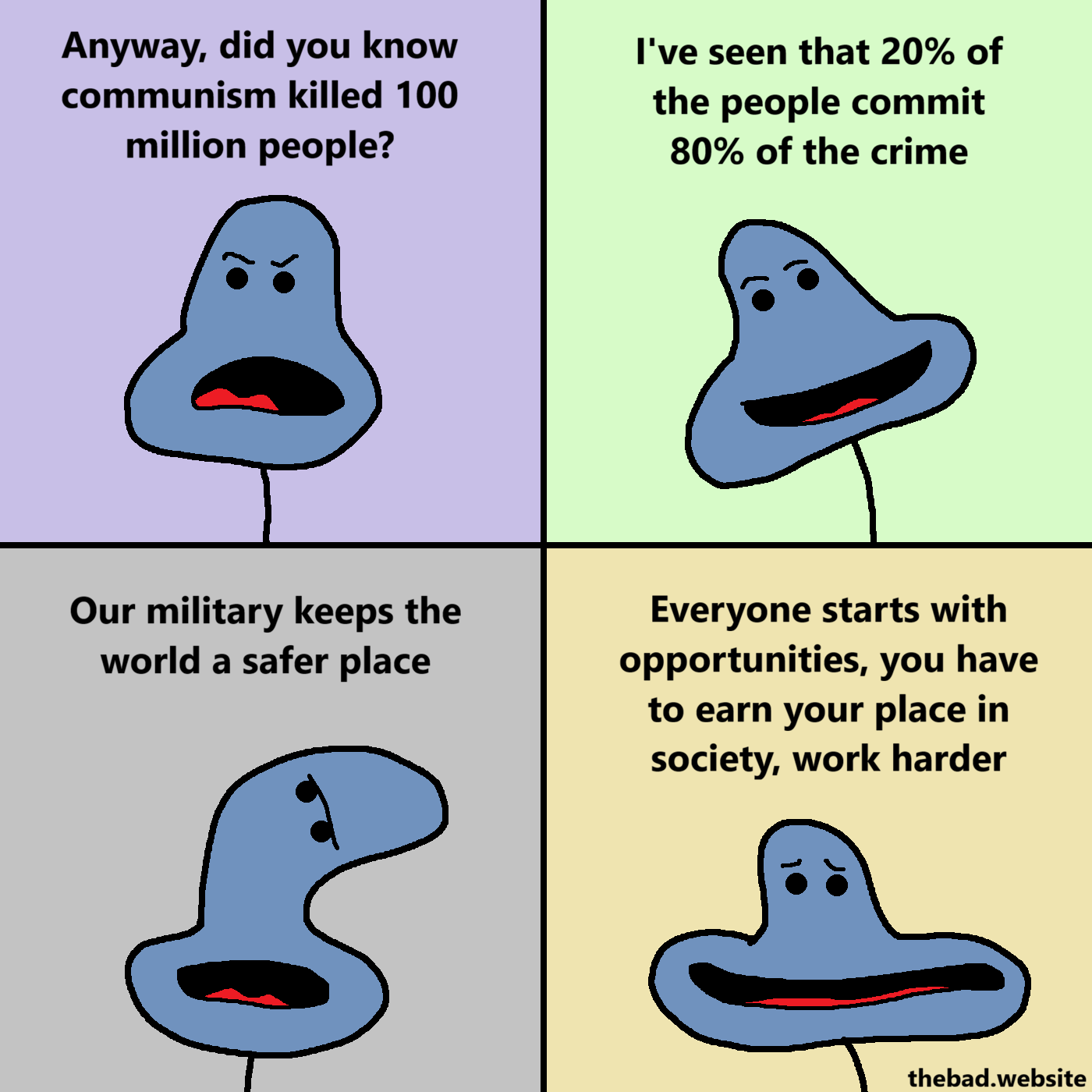 [the blue character is shown doing various faces]
Anyway, did you know communism killed 100 million people?
I've seen that 20% of the people commit 80% of the crime
Our military keeps the world a safer place
Everyone starts with opportunities, you have to earn your place in society, work harder