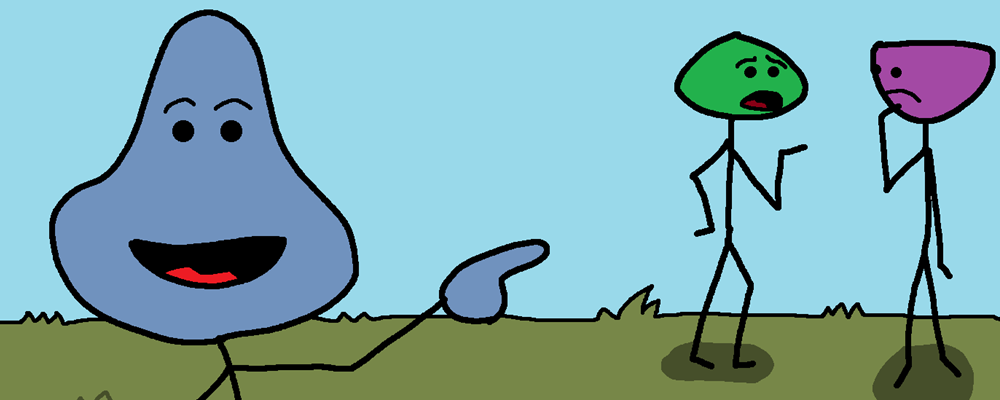 A character points at thow other characters talking