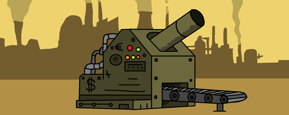 A machine with a cannon stands in front of a gloomy background