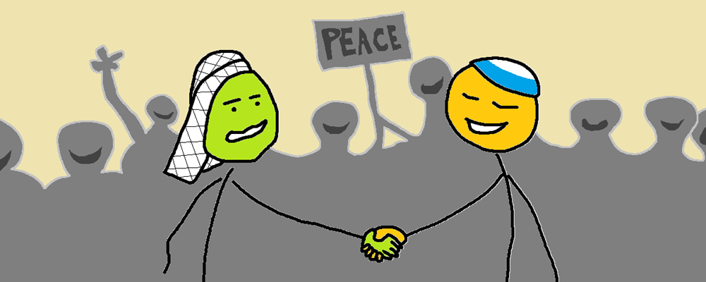 A palestinian and an israeli shake hands in front of a cheering crowd an a sign that reads PEACE