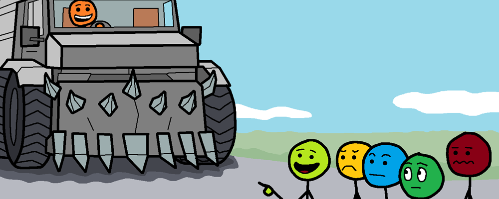 A murder truck drives at a crowd of concerned people