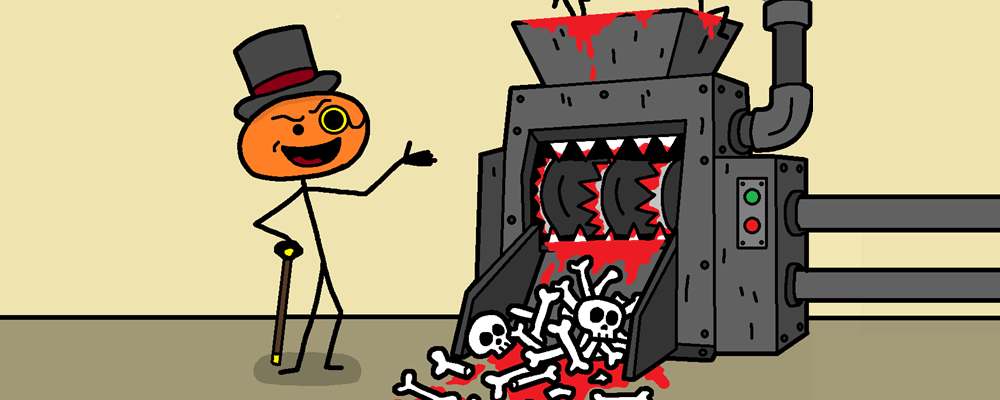 A character in a tophat presents a horrible machine