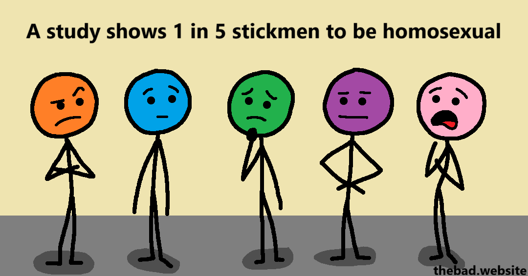 [five characters are standing together: orange, blue, green, purple, and pink]
A study shows 1 in 5 stickmen to be homosexual