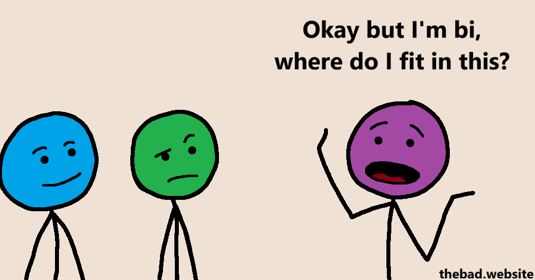 [purple asks a question while blue and green stare at them]
Okay but I'm bi, where do I fit in this?