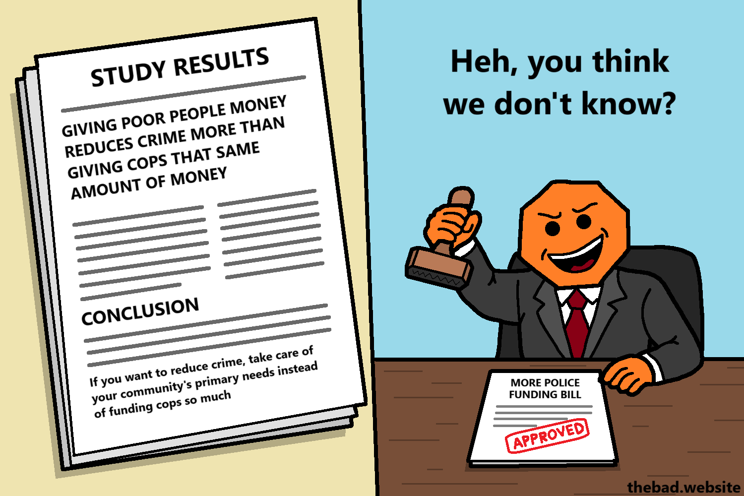 [a study paper is shown, with some of the text legible]
STUDY RESULTS
GIVING POOR PEOPLE MONEY REDUCES CRIME MORE THAN GIVING COPS THAT SAME AMOUNT OF MONEY
CONCLUSION
If you want to reduce crime, take care of your community's primary needs instead of funding cops so much

[an orange character in a suit has stamped a paper labeled MORE POLICE FUNDING BILL, and is grinning]
Heh, you think we don't know?