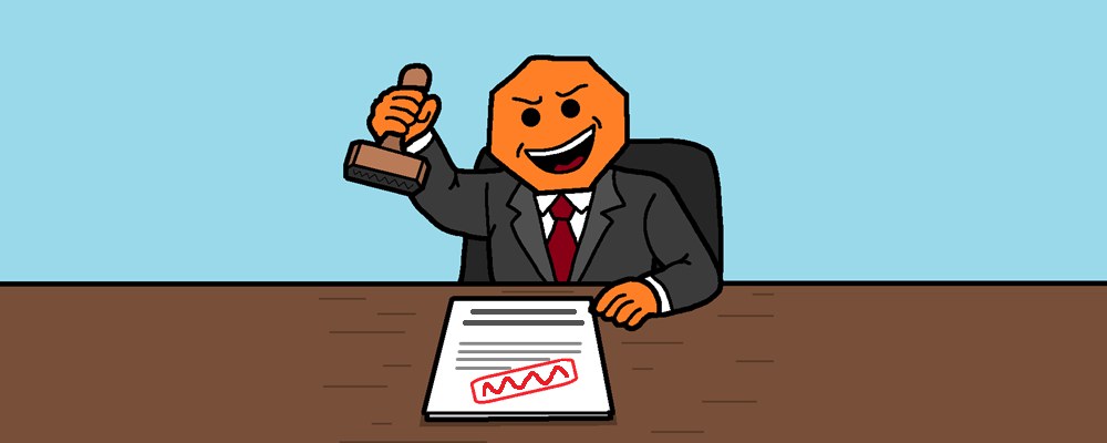 A character in a suit stamps a document