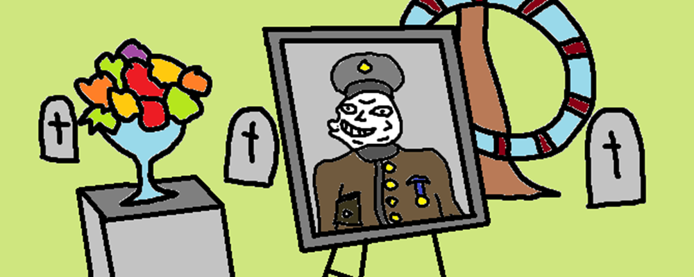 Picture of a dead trollface soldier at a graveyard