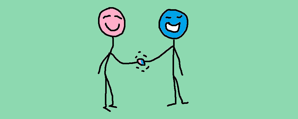 Two characters happily shake hands