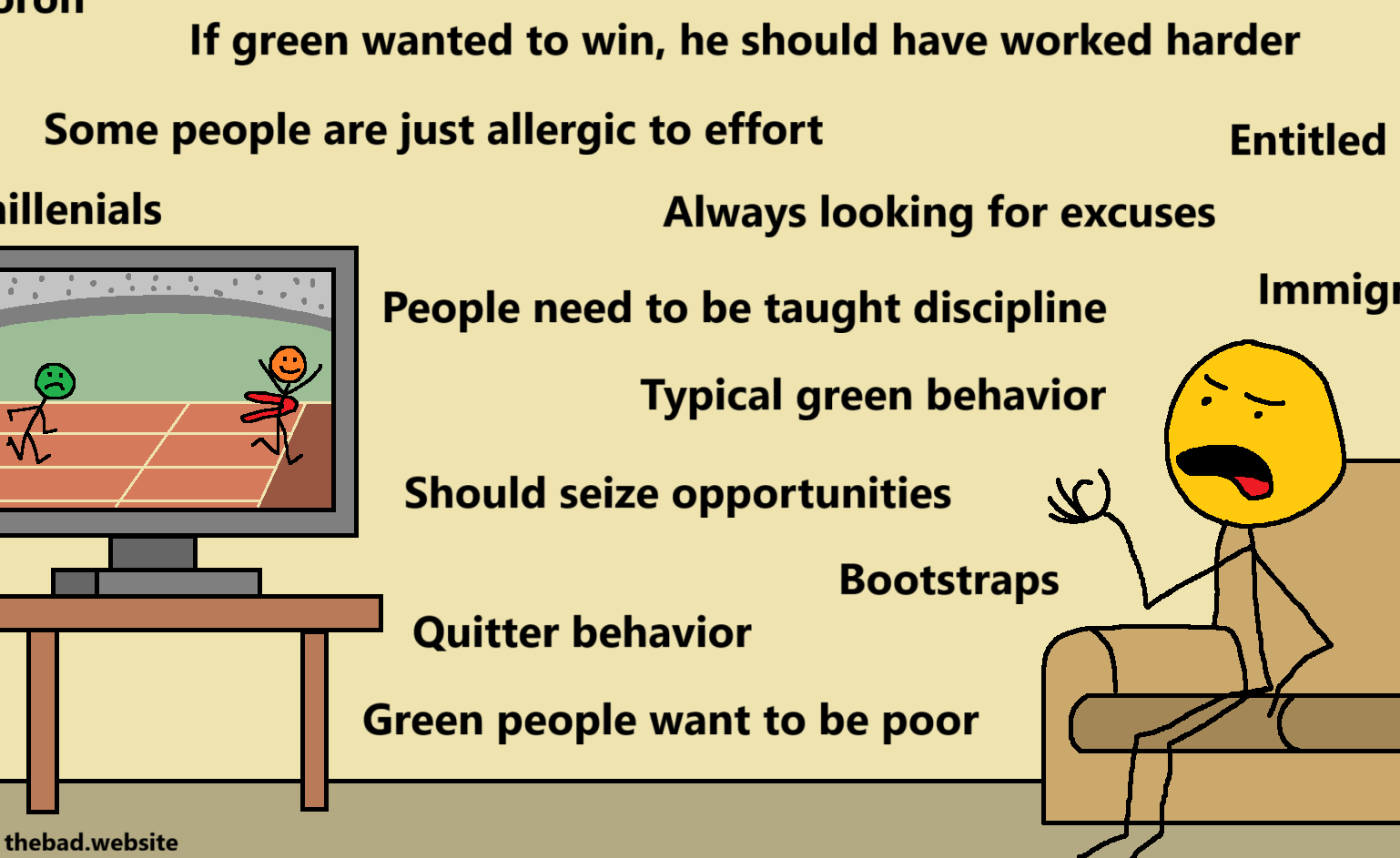 [yellow watches the race on TV, and rants about it from their sofa]
If green wanted to win, he should have worked harder
Some people are just allergic to effort
Entitled… (?)
(?)… millenials
Always looking for excuses
People need to be taught discipline
Immigr… (?)
Typical green behavior
Should seize opportunities
Bootstraps
Quitter behavior
Green people want to be poor