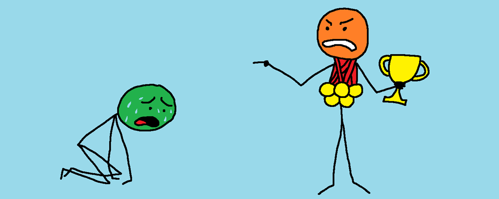 An angry character with medals and a trophy points at a tired character sweating on the floor