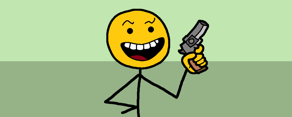 A character does a creepy smile while holding a gun