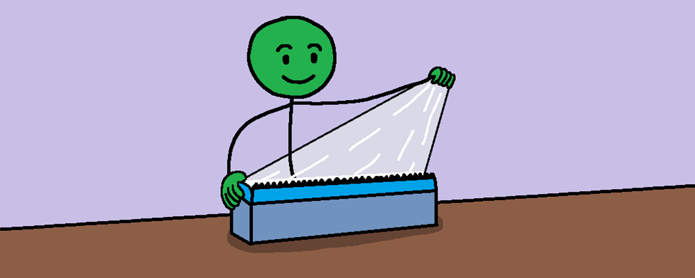 A character stretches saran wrap