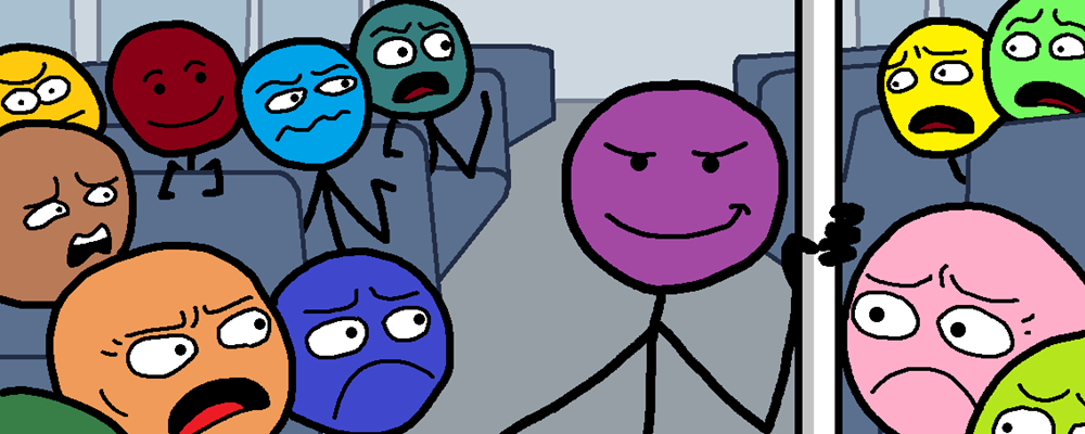 Lots of characters doing various emotions on a bus