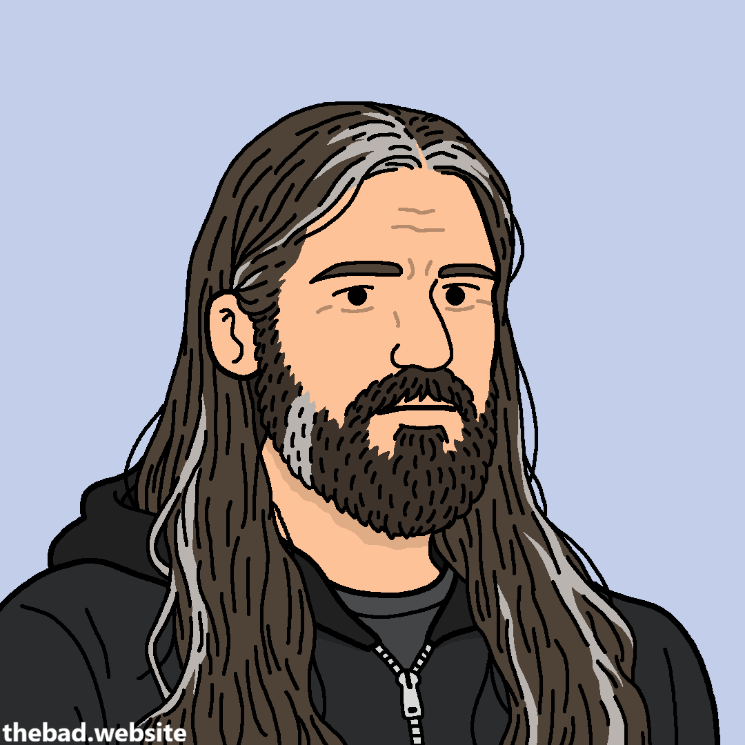 [self-portrait of the artist, a melancholic looking middle aged man with long hair and a short beard]