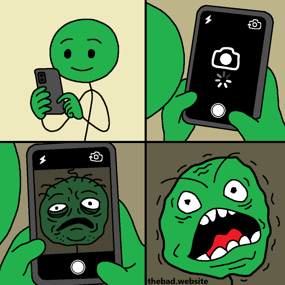 [a character is holding a smartphone, smiling]

[a camera app is loading]

[the camera app opens, showing a horrible disheveled ugly version of the character in selfie cam]

[the character rages]