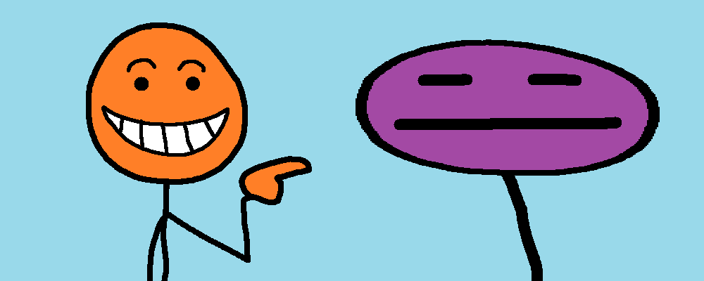 A grinning character points at a blas&eacute; character