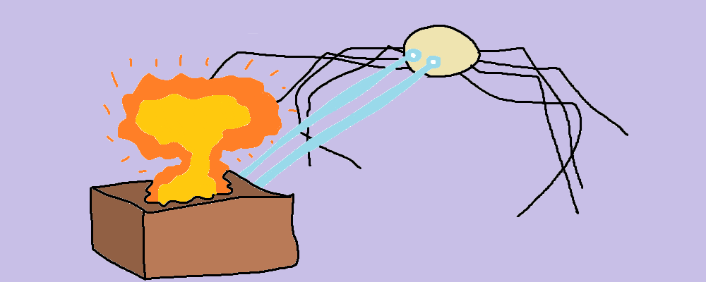 A long legged crab shoots lasers at a box, which explodes