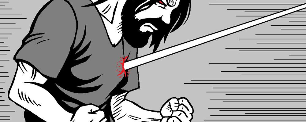 A man gets hit in the chest with a laser