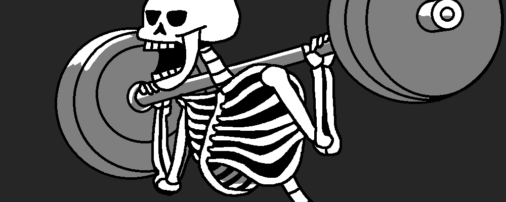 A skeleton lifting weights